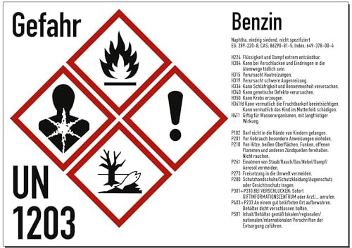 Gefahrstoffkennzeichnung Benzin nach GHS, Aufkleber, 210x148 mm, Idx 2019, UN 1203, Piktogramme nach CLP/GHS