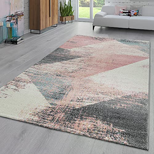 TT Home Wohnzimmer Teppich Kurzflor Abstraktes Design Pastell Used Look Modern Bunt, Farbe:Bunt, Größe:80x150 cm