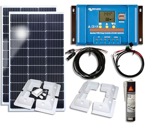 Victron Solar Panel Kit - 200W Solar Panel with PWM Charge Controller, Batter Charging Kit, Mounting Brackets & Cables -Off Grid, Campervan, Boat, 12v Systems