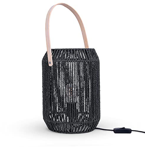 Paco Home Tischlampe Nachttischlampe Schreibtischlampe Nachttisch Lampe Leselampe Lampenschirm Boho Deko Korb E27, Lampenart:Typ 1, Farbe:Schwarz