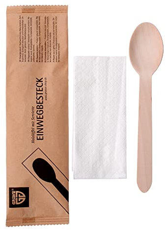 GRÄWE Holzlöffel mit Serviette, 100 Sets, nachhaltiges Besteckset