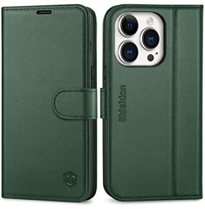 SHIELDON Case for iPhone 14 Pro 5G, Genuine Leather Wallet Folding Case with Viewing Stand, RFID Blocking, Card Holder, Magnetic Clasp Shockproof Case Compatible with iPhone 14 Pro - Midnight Green