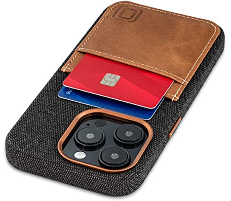Dockem Stoff Kartenhülle für iPhone 14 mit Integrierter Metallplatte zur Magnetischen Befestigung, Aufgenähtes Echtleder-Etui mit 2 Kreditkarten/Ausweisfächern: M2F 14 Pro [Grau mit Hellbraun]