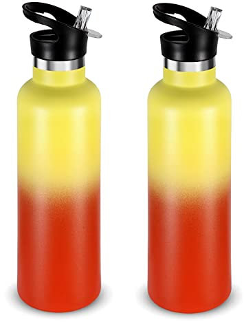 Volhoply 750ml Trinkflasche Edelstahl Zwei Packungen,Doppelwandig Vakuum Isolierte Thermosflasche mit Strohhalm,Metall Thermobecher FüR kinder, Sport, Schule, Outdoor(Gelb-Orange Farbverlauf,2 Set)