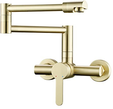 ESOP Küchenarmatur Wandmontage Gebürstetes Gold 360° Drehbar Wasserhahn Küche Wandmontage Faltbar Einhebelmischer Wand Küchenarmatur Spültischarmatur Messing Wandarmatur Wandspülmischer
