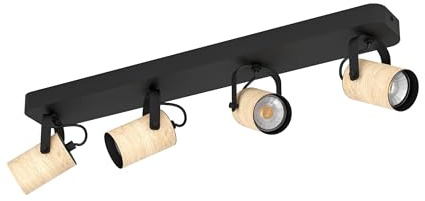 Eglo LED Spotlight bar Cayuca | ceiling light fitting with 4 adjustable spot lights, living room lamp made of natural wood and black metal, track lighting