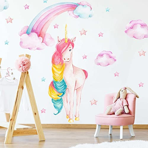 WANDKIND Einhorn mit Regenbogen Wandtattoo Kinderzimmer V380 | handgezeichnet | AUFKLEBER Kindergarten | Babyzimmer Wandsticker Unicorn (100 x 100 cm)