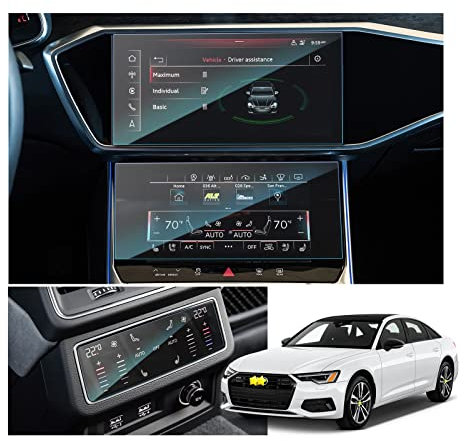 SKTU Displayschutzfolie kompatibel mit Audi A6 / A7 2019-2023 2024 Oberer Bildschirmfilm 10,1'' + unterer Bildschirmfilm Schutzfolie 8,6'' + Klimaanlagenfolie aus gehärtetem Glas Kratzfest