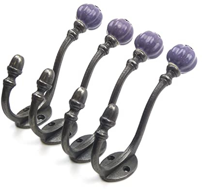 Oakcrafts - Ceramic Tipped Shabby Chic Cast Iron Coat Hook 125mm (Purple) - Pack of 4 Hooks