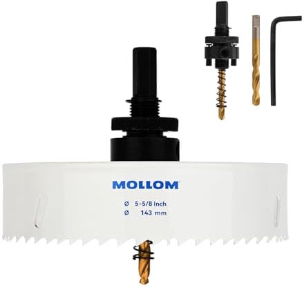 Mollom (143mm | 5-5/8) HSS M42 with 8% cobalt BI-Metal Hole Saw with 2 Pilot Drill Bits & Arbor Smooth Cutting for PVC,Drywall,Wood,Plastic,Gypsum Board,Rubber