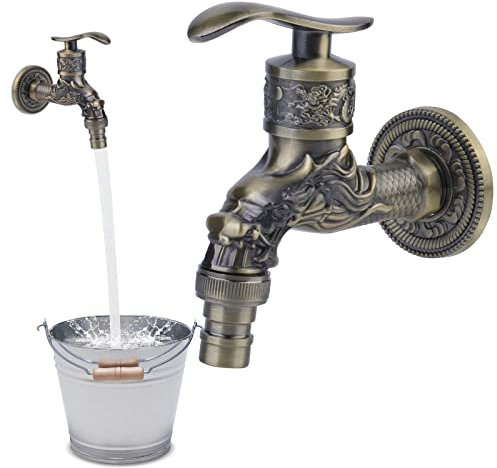 Nizirioo Rubinetto antico da 1/2 pollici a parete – Drago intagliato in ottone vintage per bagno, cucina, giardino