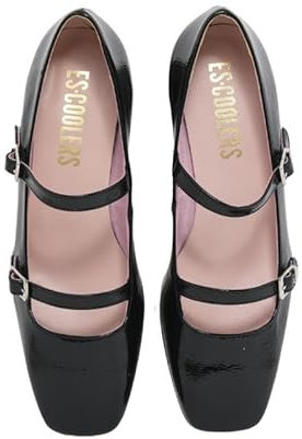 escoolers E2327T Dorothy Ballerina Mary Jane in Pelle con Tacco Basso da Donna Prodotto in Spagna., Nero , 39 EU