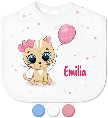 Babylätzchen mit Namen für Mädchen & Jungen – Lätzchen für Baby & Kleinkind personalisiert - mit Klettverschluss – Spucktuch Latz Kinderlätzchen - Geschenk für Kleinkinder (Katze, Schleife, Weiß)