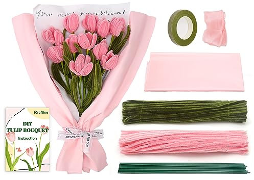 iCraftine 200 Stück Rohrreiniger, Bastelbedarf, Chenillestäbe, Tulpenstrauß-Set, mit Schritt-für-Schritt-Video-Tutorials für Hochzeitsgeschenk, Urlaubsdekoration