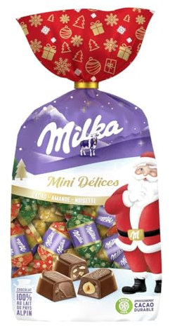 MILKA - Mini Délices - Assortiment de Chocolats de Noël - 3 Goûts : Cacao, Amande, Noisette - Chocolat à Offrir - Idée Cadeau de Noël - 320g