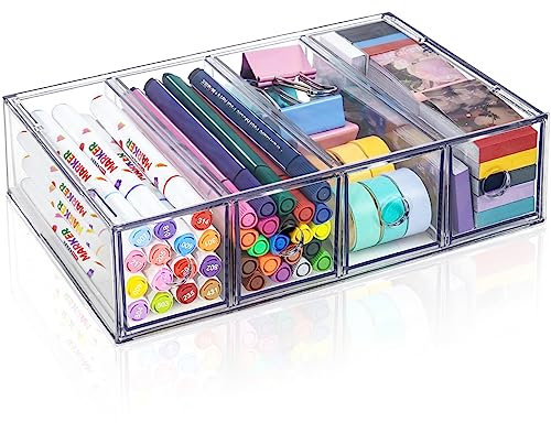 Desk Organizer with 4 Drawers, ToyaJeco Stackable Desktop Storage Box with Removable Drawer, Clear Sunglasses Organizer Display Case for Stationery Marker Pens Eyeglasses Office Supply