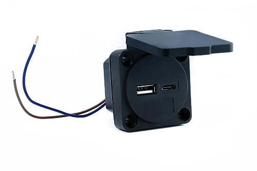 HOLZER USB Recessed Socket & Mounted Socket / 2 x USB Ports - USB Socket / Input Sp. 230 V & USB Ports 5 V / 2.1 A - For Outdoor & Indoor Use - Lid - IP54 (Black USB A and USB C)