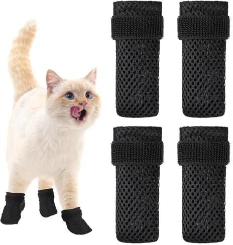 KALIONE Cat Boots - 4 Packs Claw Covers, Black Anti Scratch Mittens, Breathable Mesh Foot Covers, Adjustable Claw Protectors for Indoor Cat Bathing & Nail Cutting