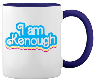 I am Kenough new New Trend Fun Lustig Weiße Tasse Mug mit blauem Felgen und Griff