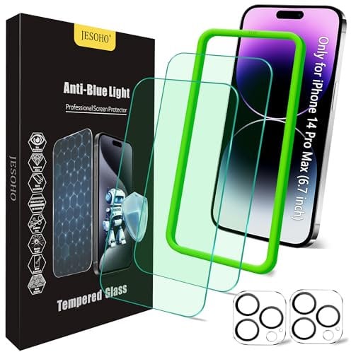JESOHO Blue Light Screen Protector for iPhone 14 Pro Max (6.7) & Camera Lens Protector,Eye Protection, HD Blue Light Blocking Tempered Glass Film, No Bubble, with Easy Installation Kit.2+2 Pack