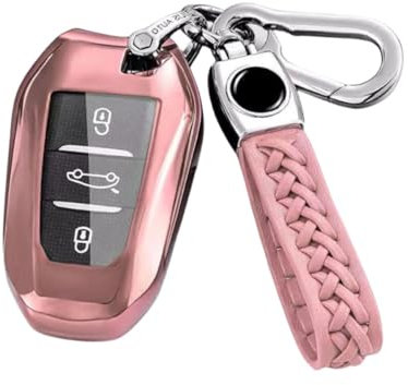 MEDZUK Coque Clé Compatible avec Citroen C5 Aircross 2018-2024 2025 Coque de Protection pour clé de Voiture TPU, Accessoire Étui pour Clés avec Porte-clés (Rose)
