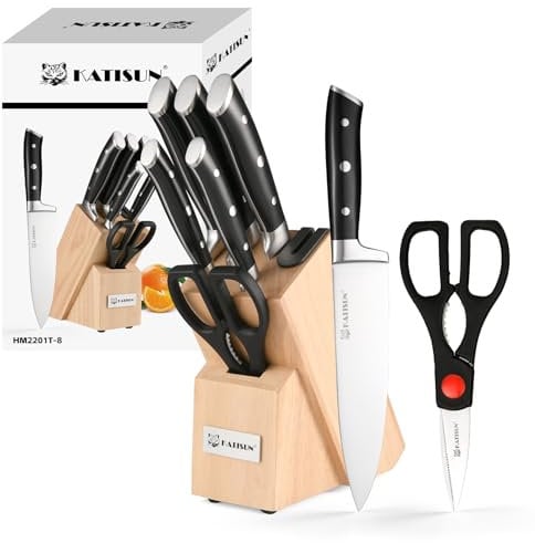 KATISUN 8 Piece German Steel 1.4028 Knife Set with Polished Handles for Comfort and Durability, Knife Block with Knives, Professional Kitchen Knife Set, Knife Sharpener