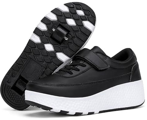 Schuhe mit Rollen für mädchen Jungen Einzelrad/Doppelrad Verstellbare Rollschuhe Schuhe Einziehbar Turnschuhe mit Rollen für Kinder Roller Skate Shoes für Outdoor-Sportarten,Schwarz,34EU