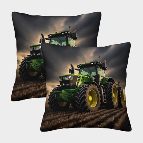 XHSMSHWY Grüner Traktor 2er Set Kissenbezüge Mit Reißverschluss Farmfahrzeug - Dekorative Kopfkissenbezüge Für Sofa, Schlafzimmer, Auto - Geeignet Für Allergiker 45x45cm