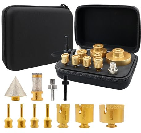 SHDIATOOL Broca de Diamante 10pcs (6/6/8/10/35/50/68MM+25mm Fresa de dedos+50mm Broca biseladora+Hex/SDS) Kit de sierra de corona Brocas para azulejos para Porcelana Cerámica Mármol Rosca M14