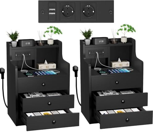 Table de Nuit lot de 2 avec Station de Charge, 2 Prises et 2 Ports USB, Table de Chevet Noir en Bois Table d'appoint avec 3 Tiroirs de Rangement, 45 x 35 x 68 cm Chevet de Lit pour Adulte Enfant