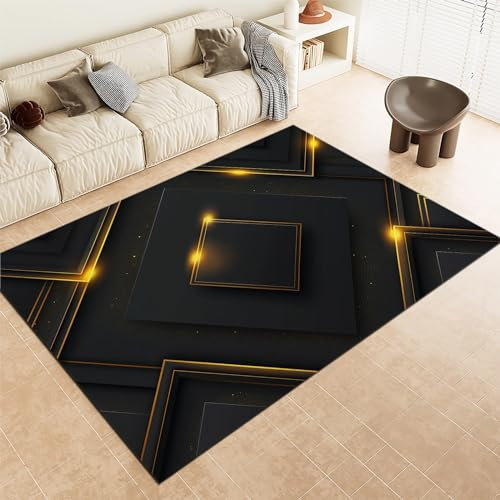 Schwarz Teppich Geometrische Schwarzgoldene Grafiken Waschbarer Kurzflor Teppich 60 x 90 cm Weich rutschfest Und Pflegeleicht Für Wohnzimmer Schlafzimmer Küche Und Büro