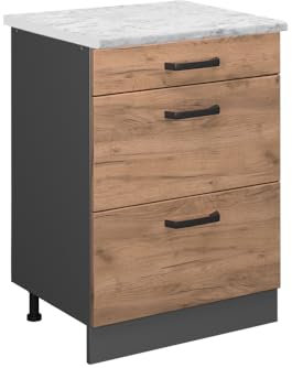 Vicco Schubladenschrank R-Line, Schubladenschrank für die Küche, Goldkraft Eiche, 60 cm AP Marmor