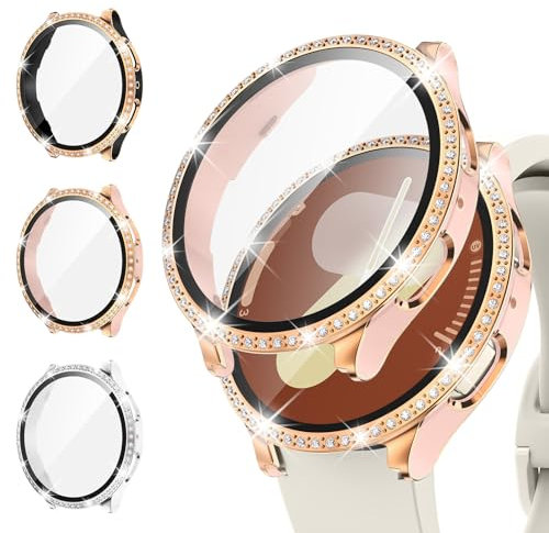 Kamita [3Pièces] Glitter Diamant Coque pour Samsung Galaxy Watch 7 40mm, Paillettes Dur PC Bumper Case avec Verre Trempé Protecteur d'écran pour Galaxy Watch7 (Noir-Or rose+RoseOr rose+Blanc-Argente)