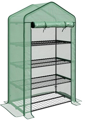 Outsunny 4 Tier Widened Mini Greenhouse with Reinforced PE Cover, Portable Indoor Outdoor Green House with Roll-up Door and Wire Shelves, 90 x 49 x 160cm, Green