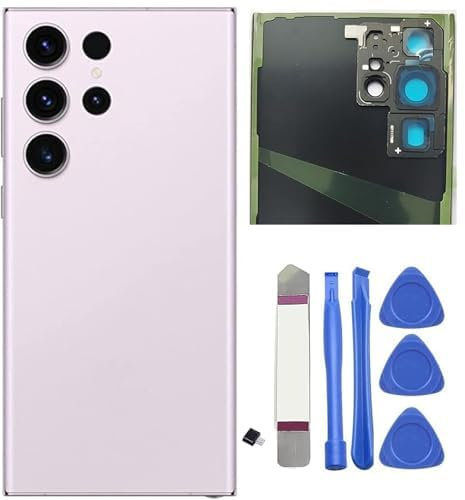 Galxy S23 Ultra Verre arrière de rechange pour Samsung Galaxy S23 Ultra, avec ruban adhésif préinstallé et objectif de l'appareil photo + kit de réparation, rose