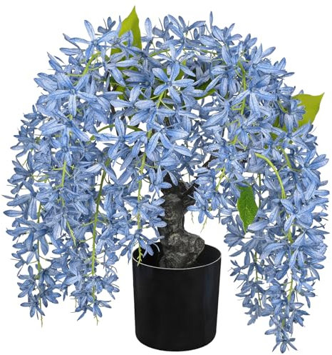 Arborus Artificial Wisteria Plant with Blue Flowers 35cm Large Fake Wisteria Bonsai Tree in Black Pot Decorative Artificial Blossom Trees Indoors for Home Office Bathroom Table Desk Decoration