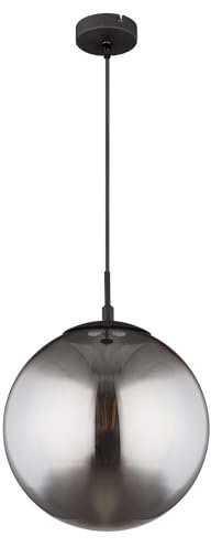 Decken Hängeleuchte Glaskugel Pendelleuchte Rauchglas Kugelleuchte Esszimmer, Metall schwarz matt, 1x E27 Fassung, DxH 30x120cm