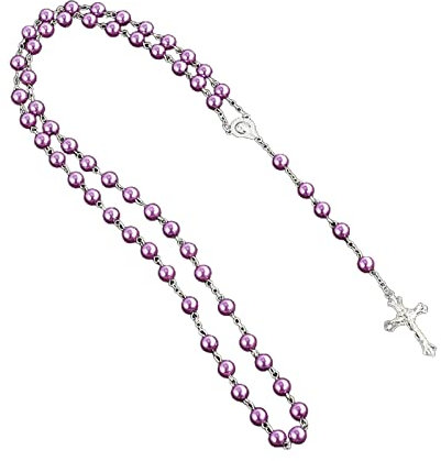 JOERBABU Katholische Rosenkranz-Halskette mit Kunstperlen, religiöser Schmuck, Erstkommunion, für Mädchen und Frauen, Chain length 79cm, Metall