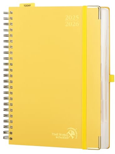 POPRUN Tagesplaner 2025 2026 Ringbuch mit Hardcover 30,5 x 22 cm, Tageskalender A4 1 Tag 1 Seite (Montag - Sonntag), Terminplaner (Aug.2025-Jul.2026) mit Plastiklineal - Hellgelb