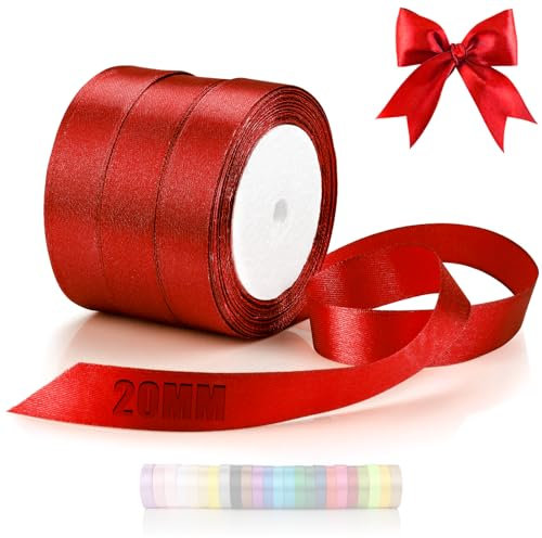 TXXATX 66 m Ruban en Satin 3 Rouleaux Ruban Rouge Largeur 20 mm Rubans pour Couture pour Mariage Baptême Anniversaire Emballage Cadeau Décoration de Table de Noël Bouquet Décoration de Gâteaux Ballons