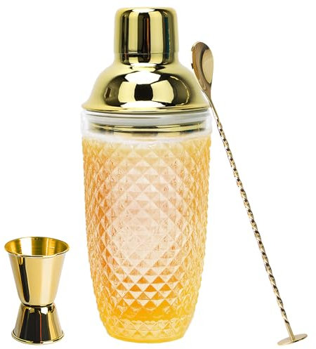Shaker à cocktail, mixeur à cocktail, 400 ml, en verre transparent, doré, avec verre doseur et pelle en acier inoxydable, pour la maison, le bar, le vin, les jus de fruits mélangés, les boissons (doré