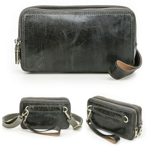 Contacts Pochette in vera pelle con cinturino da polso a 3 ZIp, unisex, piccola borsa a tracolla, pochette, borsa a tracolla per donna/uomo, Verde scuro, Small