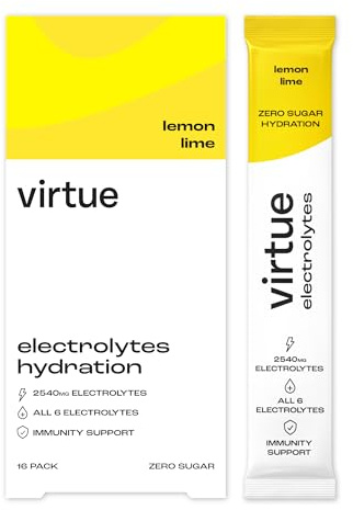 Virtue Electrolytes Bustine idratanti | Zero zuccheri | 6 elettroliti essenziali, sali idratanti, vitamina C (confezione da 16, Limone & Lime)