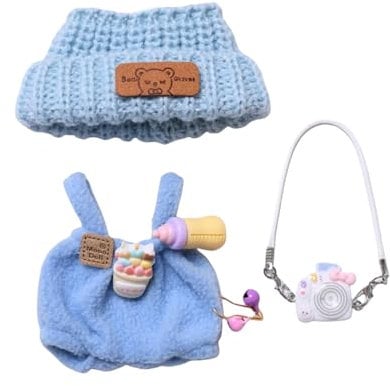 Mrltau Cute Baby Casual Stile Clothes For Vinyl Plush Toy Keychain Doll, With Knitted Beanie & Plush Overalls & Camera Deco, Outfit Accessories for Vinyl Plush Toys Blind Box(blue)