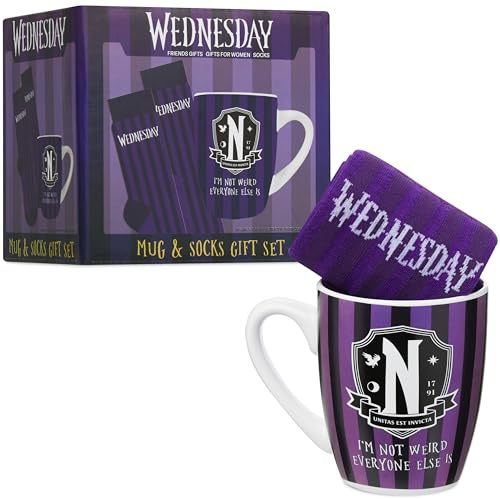 Get Trend Wednesday Mug & Socks Set for Women & Teens, 315ml/11oz Durable Tea & Coffee Mug with Casual Calf Socks, Stocking Fillers Gifts for Her (Purple/Black Wednesday)