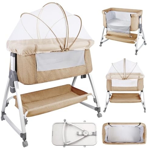 homewell Beistellbett Baby,Bett Bassinet/Babybett/Babywiege, Zustellbett 6 Fach Höhenverstellung und Neigungsverstellung, Faltbare Seitenwand für Zuhause und Unterwegs (Cremefarben)