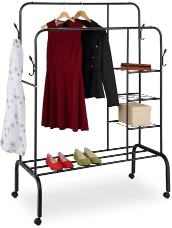 Relaxdays Clothing Rack, Double Clothes Rail with Wheels & Shelves, 154x110x55 cm, Freestanding Wardrobe, Metal, Black
