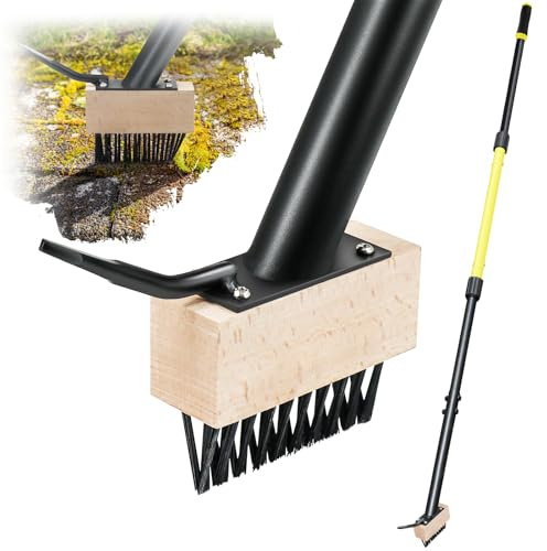 Jardineer Cepillo removedor de musgo con mango largo de acero al carbono de 59 pulgadas, herramienta de eliminación de musgo resistente con raspador de metal, herramienta de desbrozador de alambre de