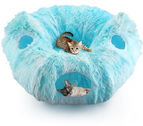 Maxetodo Katzentunnel Bett, 3-in-1 Katzenhöhle Rund Mit 4 Eingängen Katzenhöhle Rascheltunnel Für Katzen Indoor Faltbare Maschinenwaschbar Katzen Donut Für Haustiere Bis 10kg BLAU