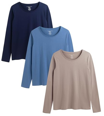 The Essentials Wardrobe Ladies TEW 3 Pack LS T- Shirt - Navy/Taupe/Blue - Large